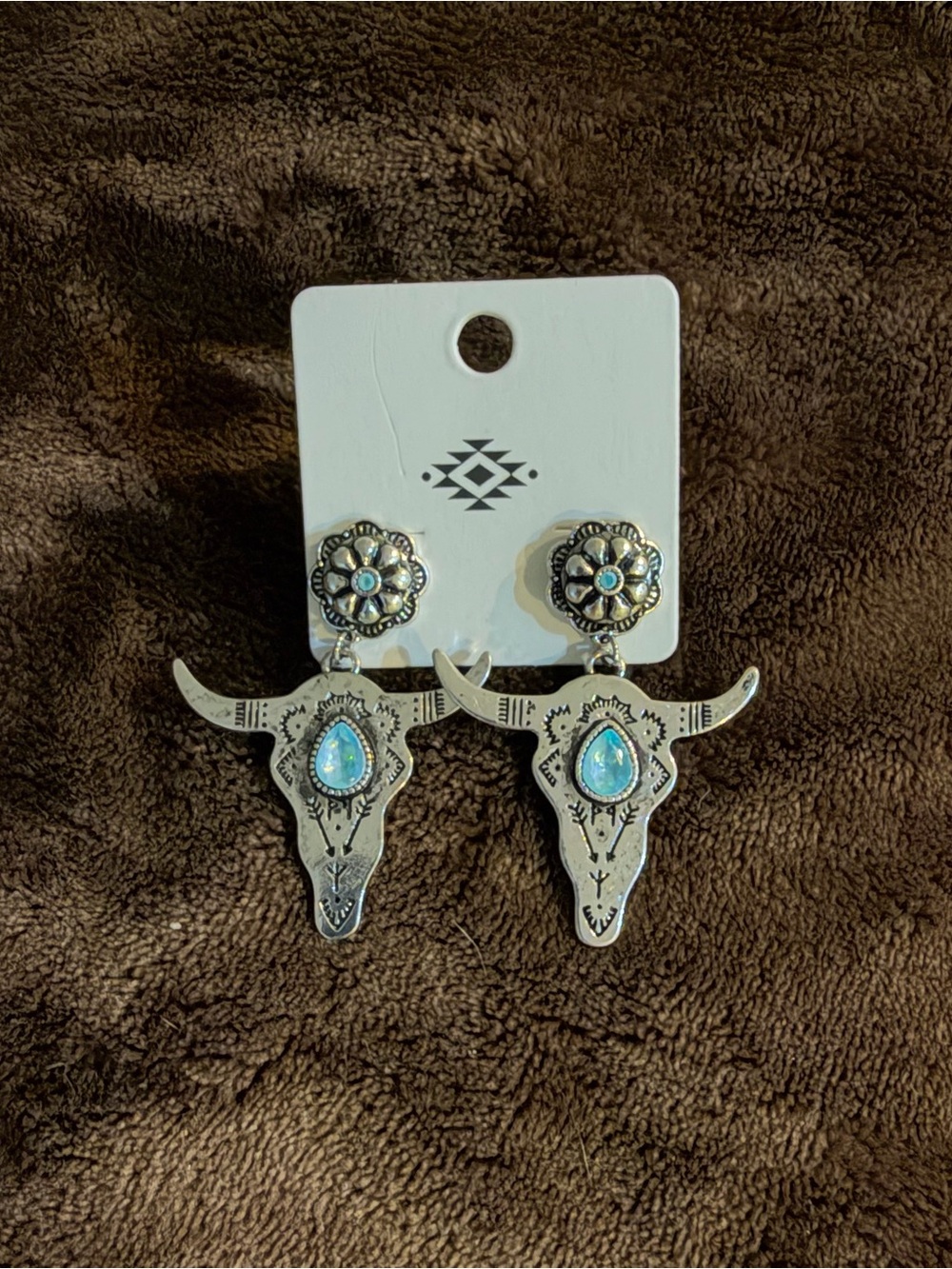 Southwest Silver-Tone Bull Skull Earrings with Blue Opal Accent